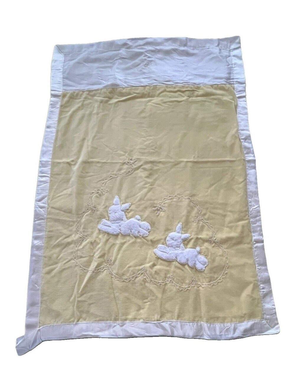 VNTG Satin/ Corduroy Baby Blanket Reversible Embroid Handmade Bunny Soft Yellow